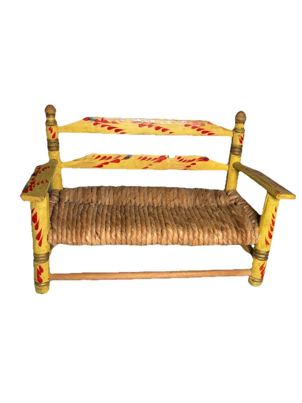 Vintage Handmade Wooden Wicker Rattan Seat Doll Bench Love Seat